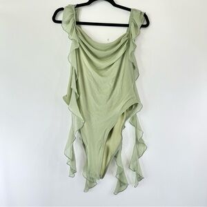 SHEIN Light Green Ruffle Bodysuit Large Forest Fairy Grunge Ribbons Feminine